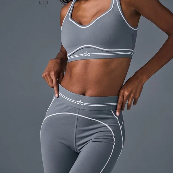 ALO Yoga Pants - Alo Yoga Airbrush Heart Throb Bra & Leggings Set in Steel Grey/White Authentic